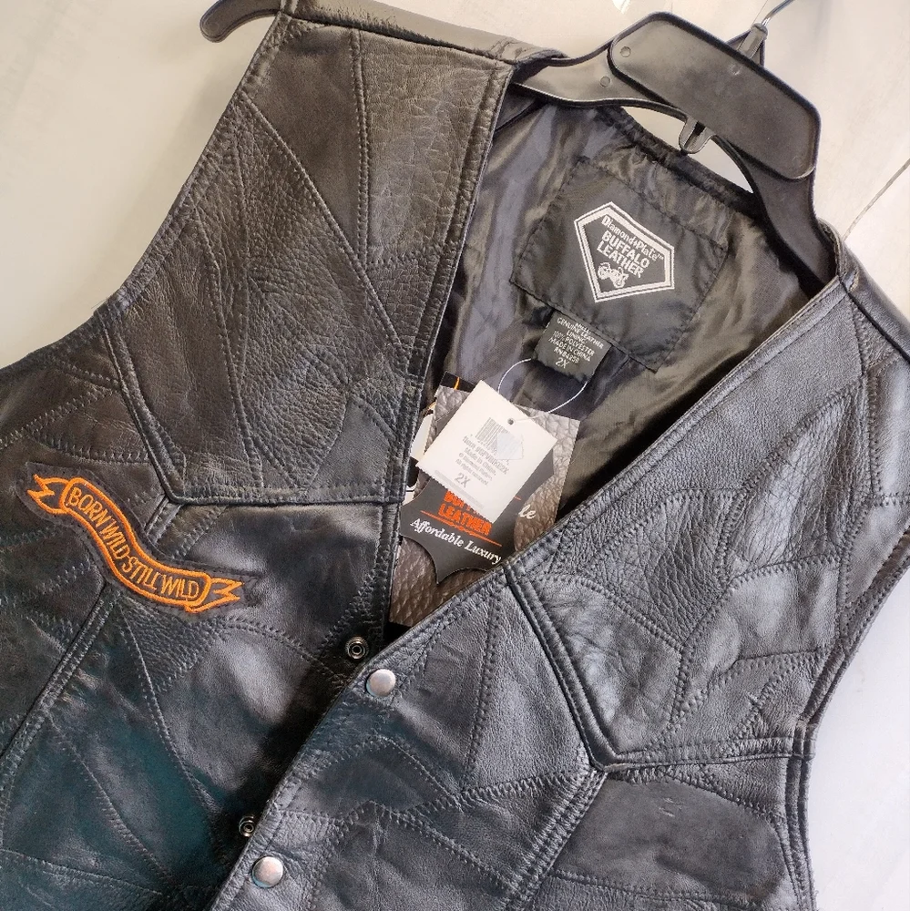 Diamond Plate Buffalo Mens Leather Vest Embroidered Patches 2X New